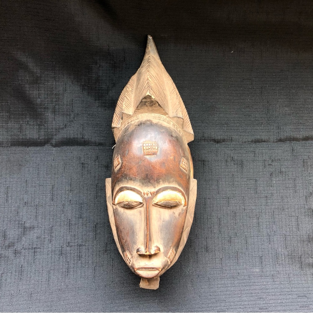 African Baule Carved Wooden Tribal Mask - Brown with Natural Highlights